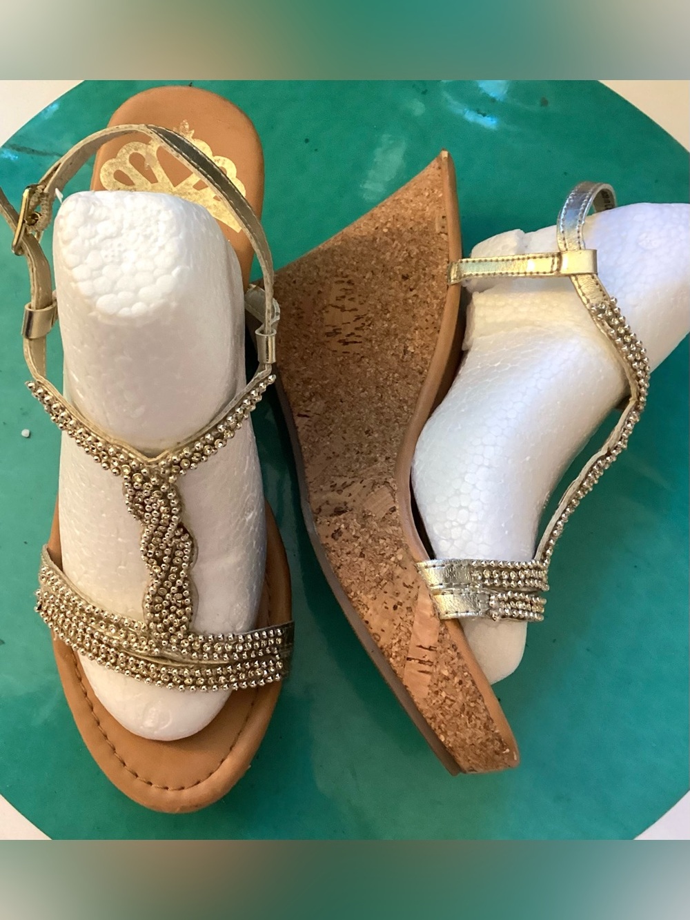 Fergalicious gold beaded high sandals. Size 6